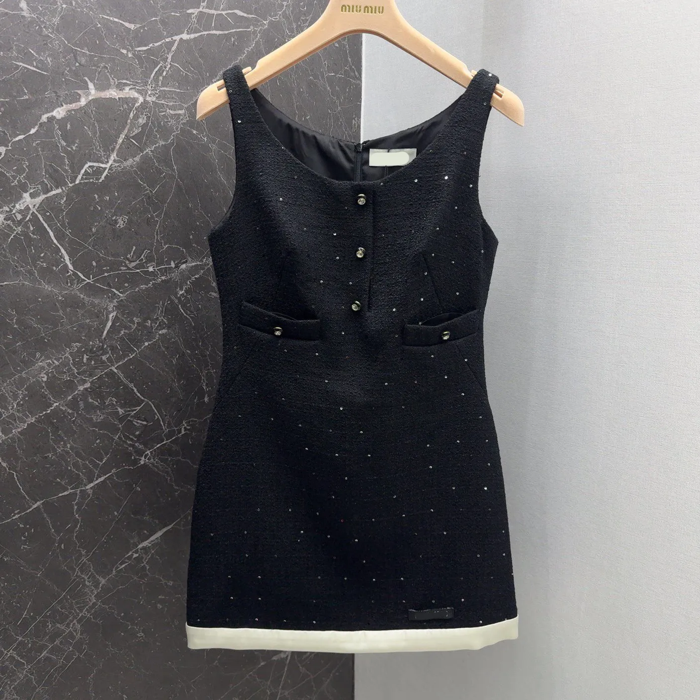 ヨーロッパファッションブランドスパンコールツイードスリップミニドレスリトルブラックドレス