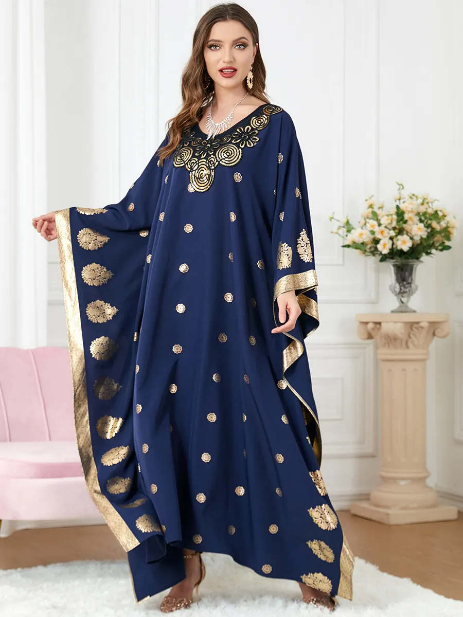 Vêtements musulmans du moyen-orient femmes bleu bronzant imprimé manches chauve-souris tenue décontractée en vrac Robe de fête Abaya robes Musulmanes moroccan kaftan dress