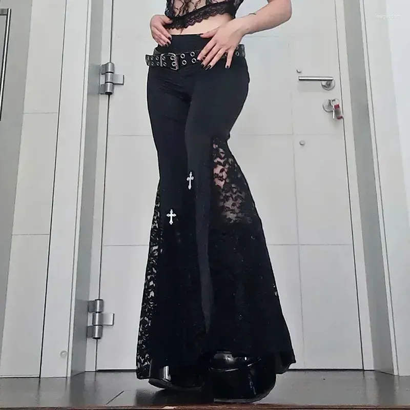 Pantaloni da donna Goth Flare Sexy Patchwork di pizzo nero a vita alta Vintage Harajuku Hippie Punk Grunge Streetwear Y2k Ropa Mujer