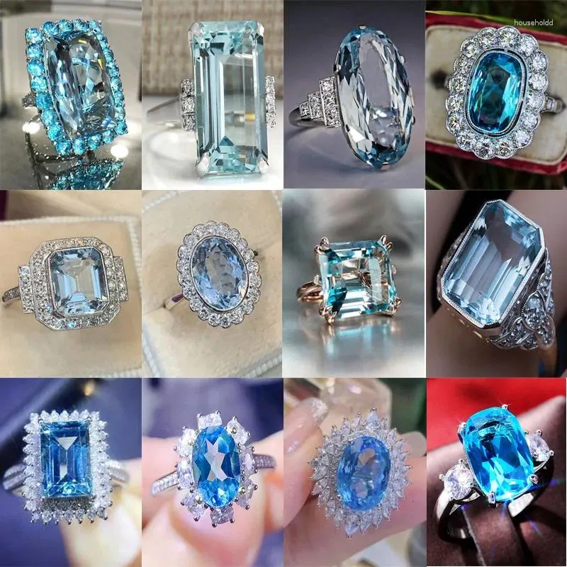 Bröllopsringar 2024 Fashion Sea Blue Cubic Zirconia Women's Ring Luxury Engagement Party Elegant Brilliant Jewelry