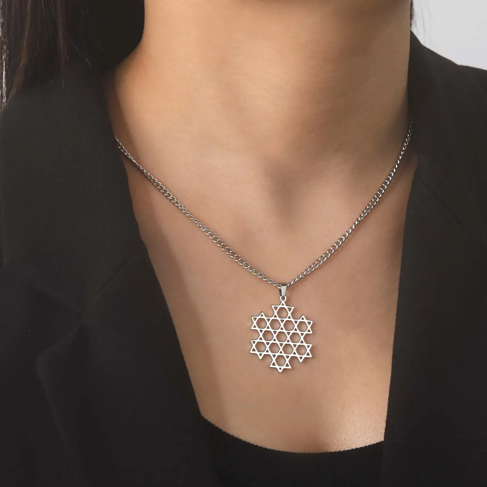 Star of David Hexagram Pendant Necklace for Women Men 14K White Gold Neck Chain Six pointed Star Jewish Jewelry Gift