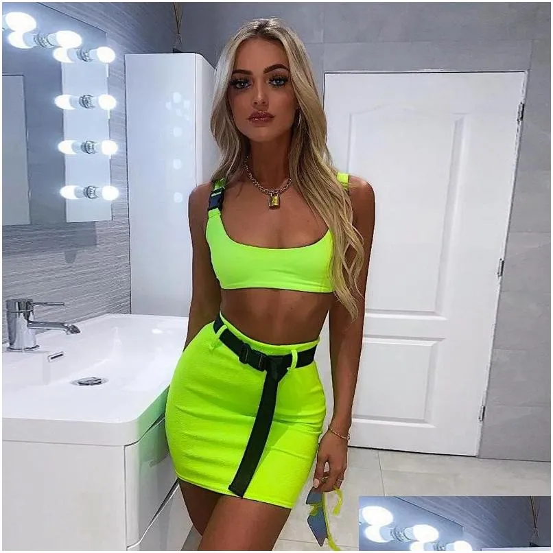 Two Piece Dress Summer Women Neon Pieces Set Skirt Bandage Crop Top And Tracksuit Outfits Streetwear 2 Festival Clothes Drop Deliver Otutf