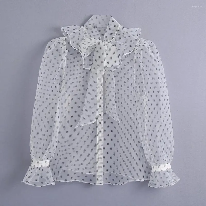 Women's Blouses Tops Women 2024 Long Balloon Sleeve Polka Dot Semi Sheer Sexy Shirts Ruffle Bow Collar Button Up Tulle Blouse Shirt Top