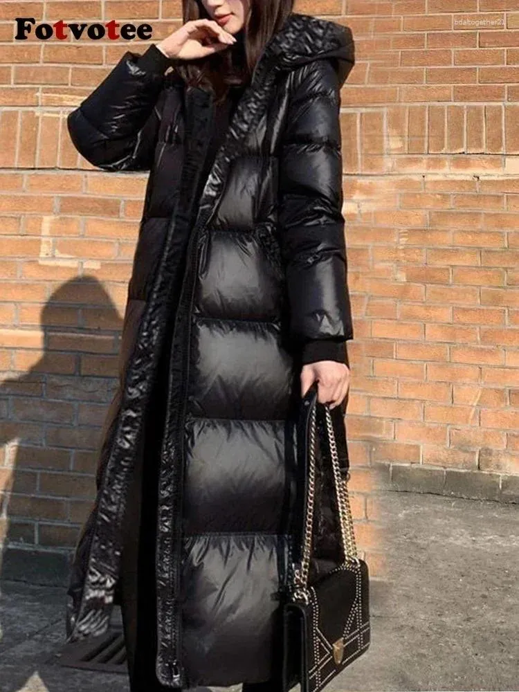 Trench da donna Fotvotee Giacca invernale da donna Parka con cappuccio lungo piumino 2024 nero streetwear tuta sportiva casual addensare caldo elegante