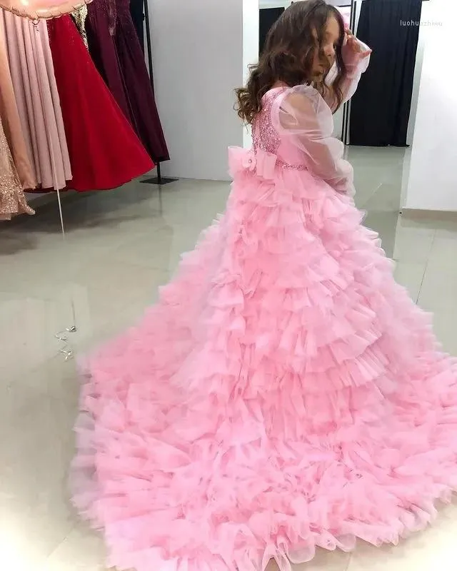 Платья для девочек, многослойное пышное платье с цветочным узором для свадьбы, розовое тюлевое платье принцессы с длинными рукавами и бантом, детское бальное платье для первого причастия, вечерние