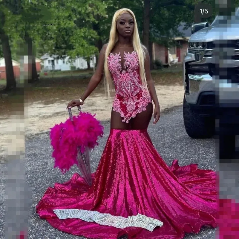 Glitter Hot Pink Prom Dresses For Black Girl 2024 Sheer Neck Beading Sequin Lace Appliques Birthday Party Gowns Vestidos De Gala