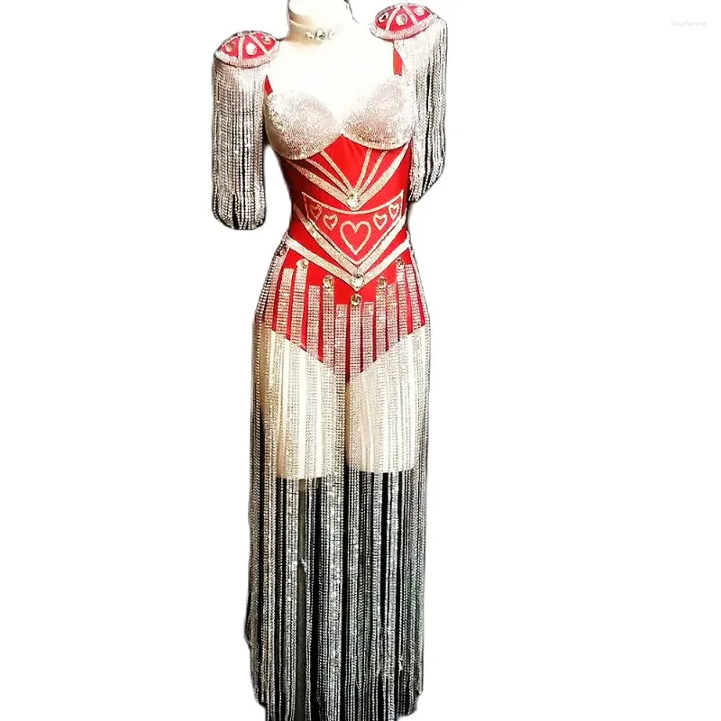 Stage Wear Red Rhinestones Pattern Printing Bodysuit Women Long Tassel Epaulet Decoration Ladies Nightclub Performance Dance Costume