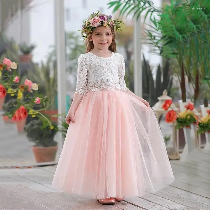 Kleidung Sets 2024 Frühling Sommer Set Für Mädchen Halbe Hülse Spitze Top Champagner Rosa Langen Rock Kinder Kleidung 2-11T E17121