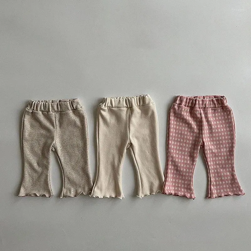 Trousers 2024 INS Children Girl Flared Pant 0-5Years Toddler Kids Elastic Waist Solid Ruffles Cotton Bell Bottom Plaid Clothes