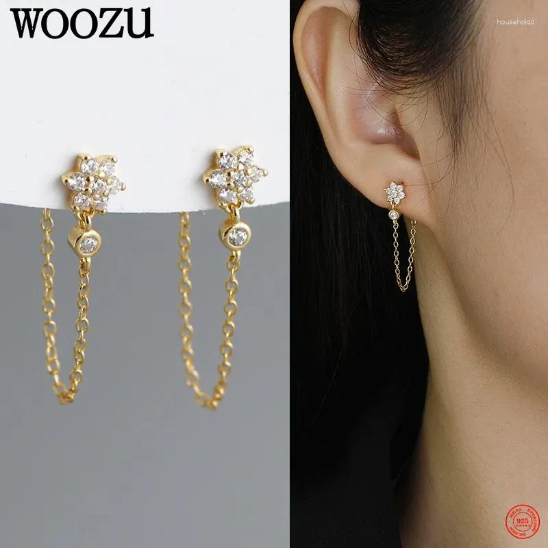 Dangle Earrings WOOZU 925 Sterling Silver Classic Cute Flower Shiny Zircon Link Chain Drop For Women Party Bohe Chic Charm Jewelry Gift