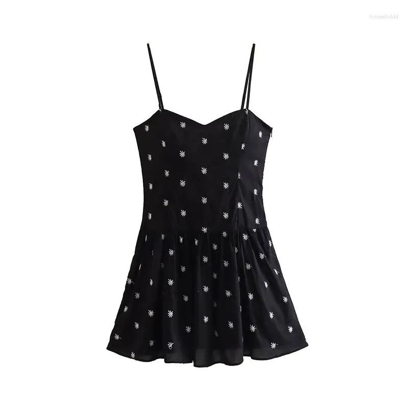 Casual Dresses YENKYE 2024 Women Vintage Black Daisy Sling Mini Dress Sexy Sleeveless Side Zipper V Neck Female Holiday Summer Short