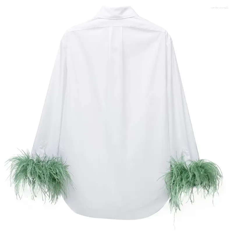 Blouses pour femmes 2024 élégant charme plume décoration ample popeline rétro à manches longues bouton Style chemise haut Unique