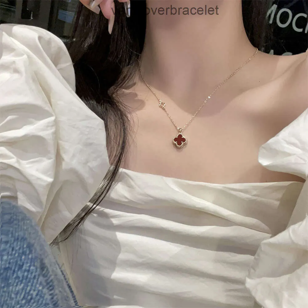 Designer Van Clover Necklace Cleef Four Leaf Clover Necklace Micro inlaid zircon autumn and winter collarbone chain red doublesided necklace designer collarbone c