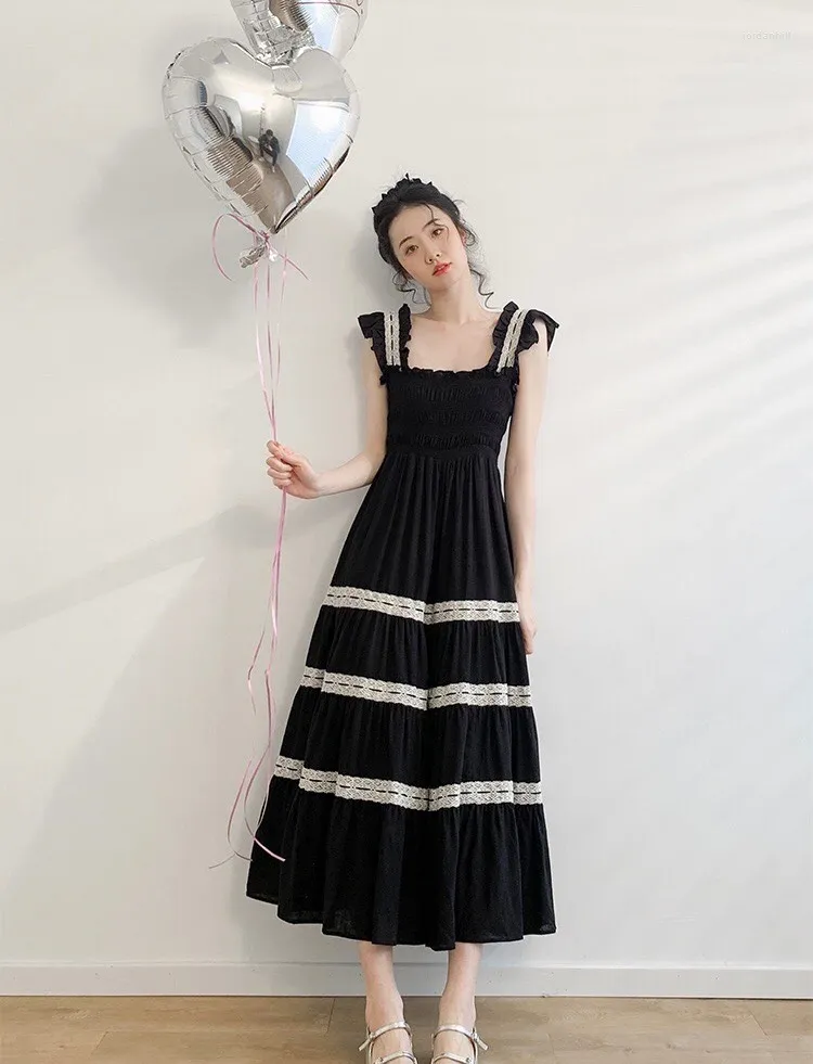 Casual Dresses 2024 Summer Black Long Dress Women Sweet Ball Gown Girl Sexy Spaghetti Strap Sleeveless Ruffles