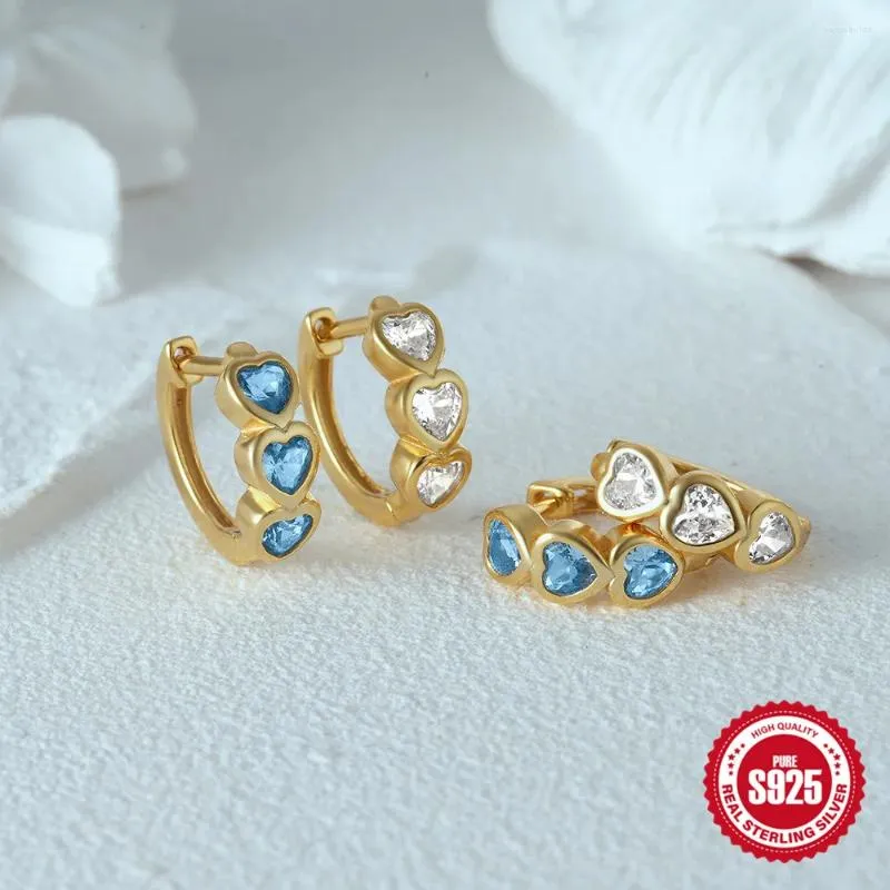 Boucles d'oreilles créoles en argent Sterling 925, trois cœurs, Zircon bleu, or, Piercing pour femmes, bijoux minimalistes, cadeau de fête de mariage