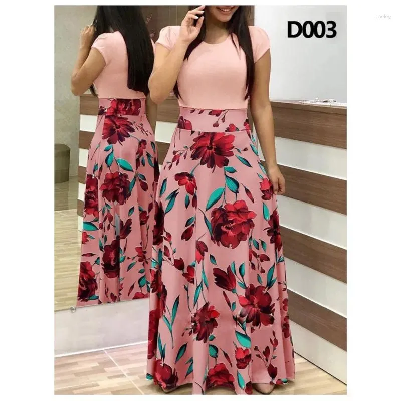 Casual Dresses Explosive Version Of Women's Round Neck Style Flower Print Color Blocking Short Sleeved Oversized Dress Elegant Commuting