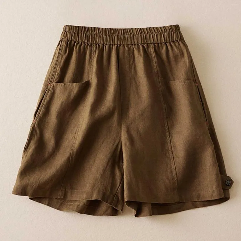 Women's Shorts For Womens Casual Vintage Solid Color Baggy Short Trousers With Pocket Side Buttons Pants Loose High Waist Women