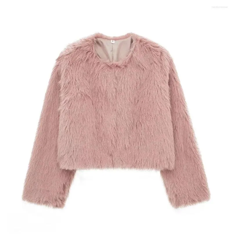 Kvinnors päls lyxig fluffig kappa för kvinnor vinter elegant långärmad faux pälsjacka kvinnlig rund hals chic lady street varm kort