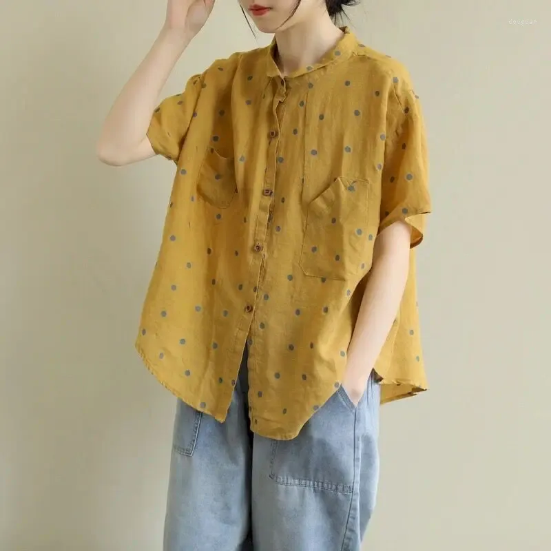 Women's Blouses Oversized Shirts Women Loose Casual Vintage Polka Dot Shirt Small Lapel Short Sleeve Doll Summer Trend Thin Blouse Y2k Top