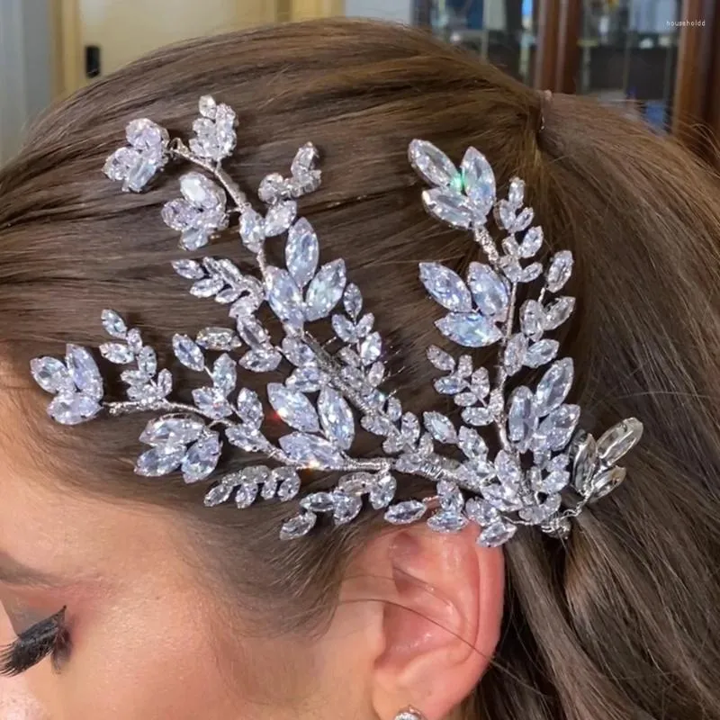Klipy do włosów Stonefans Luksusowy cyrkon liść ślubny grzebień na głowę dla kobiet 2024 elegancka biżuteria pełna cZ ślubne akcesoria