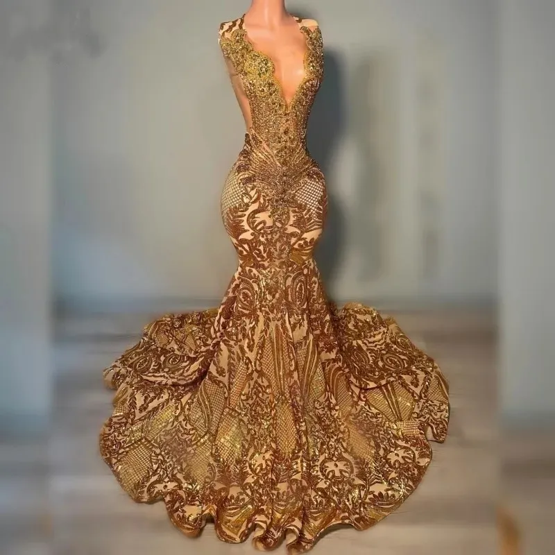 Glitter Gold Lace Mermaid Prom Dresses Sexy Hatler Neck Beading Birthday Party Gowns for African Women Vestidos de Gala