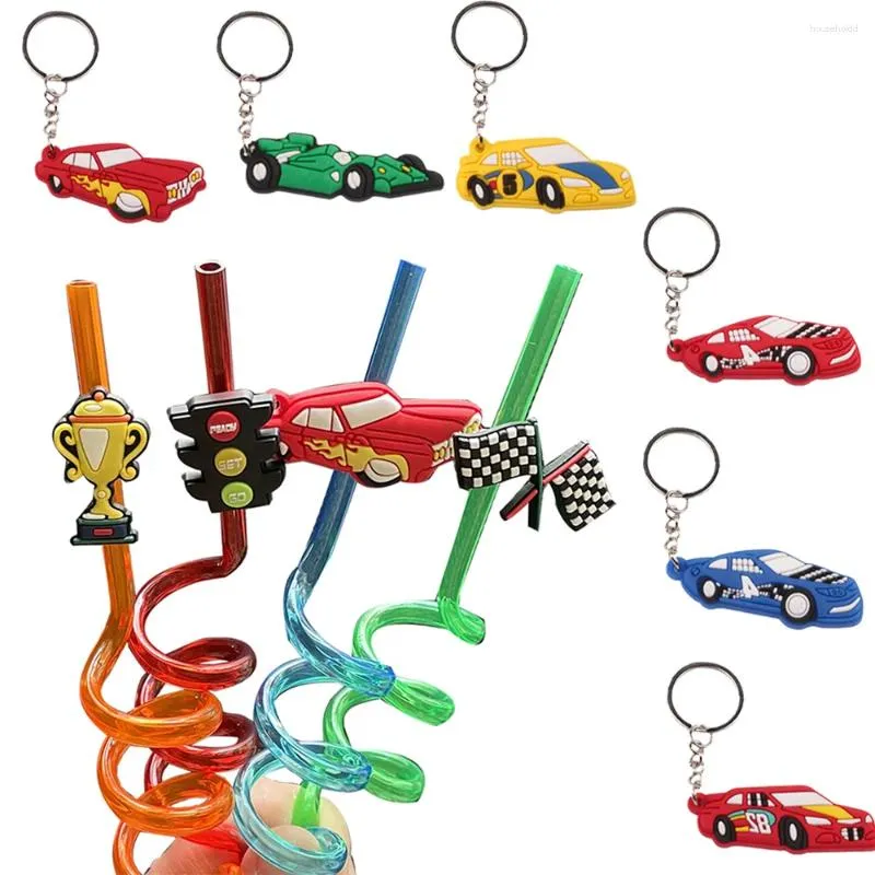 Party Decoration 6-8 PCS Car Theme Racing Birthday Gifts For Children Kids Rubber Keychain Reusable Race Drinking Straws