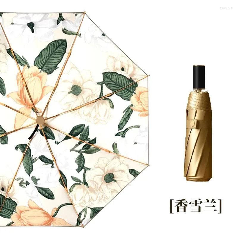 Paraplyer titanium dubbel lager paraply för kvinnor män sol uv skydd solskade regntät 3 fällbara soliga och regniga användningar