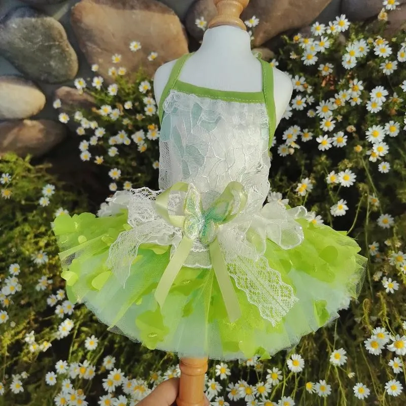 Hundebekleidung Grüne Baumwolle Spitze Haustier Kleidung Sommer Schmetterling Schleife Sling Prinzessin Kleid für kleine mittelgroße Chihuahua Pudel Welpen