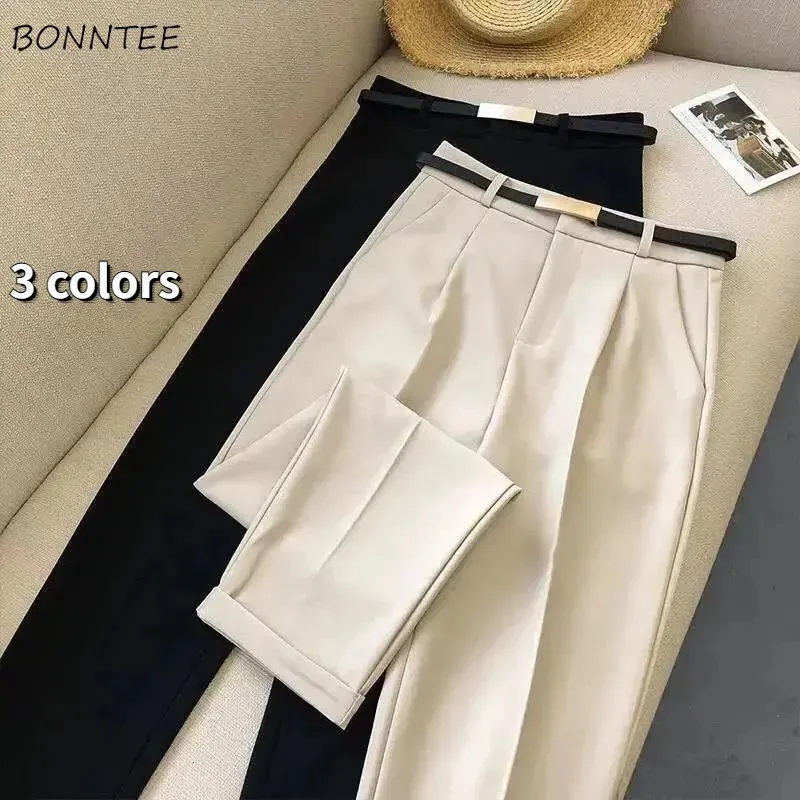 Broek Dames Mode Effen Kleur Sjerpen Casual Slanke Rechte Broek Chic Business Mujer Retro Riem Koreaanse Stijl Elegante Zomer 240119