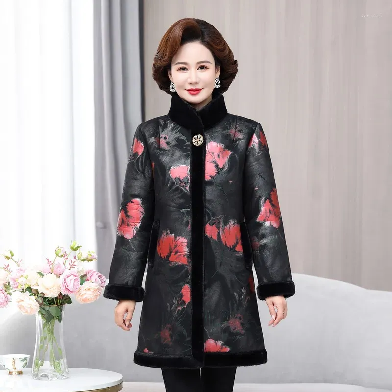 Damen Leder Pelzjacke Frauen Lange Frau mittleren Alters Winter Kunstmantel Eleganter dicker warmer Mantel