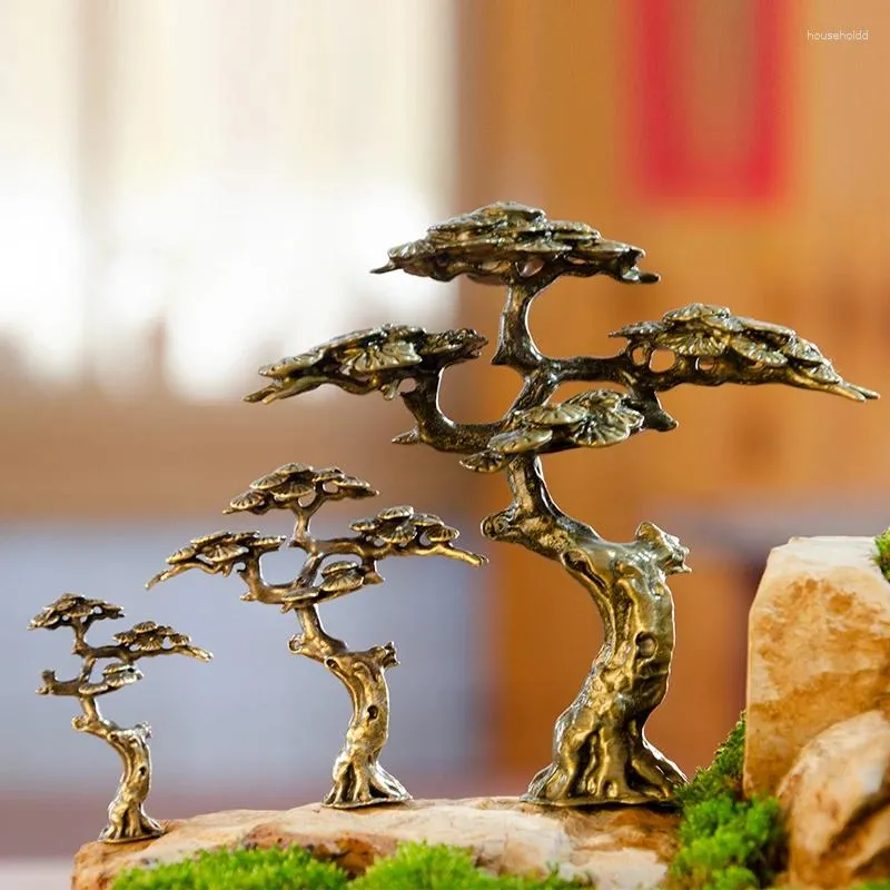 Figuritas decorativas en miniatura, decoración de árbol de imitación pequeña de pino y cobre de bienvenida para estatuas de bonsái, decoraciones de paisaje DIY