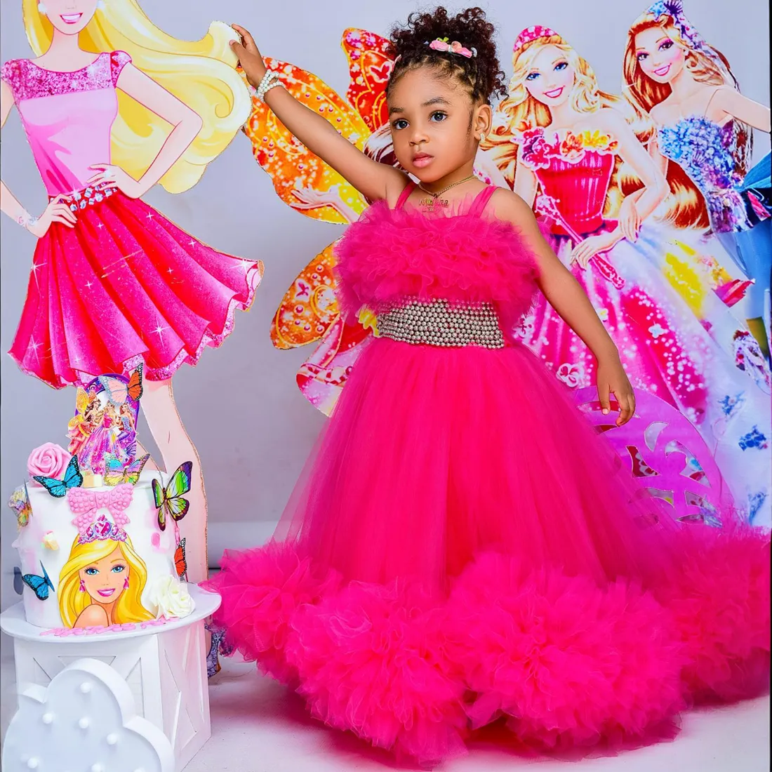 Cute Fuchsia Kids Birthday Dresses Flower Girl Dresses Spaghetti Straps Pleated Tiered Tulle Ball Gowns for little Girls for Wedding Beaded Bridal Gowns NF106