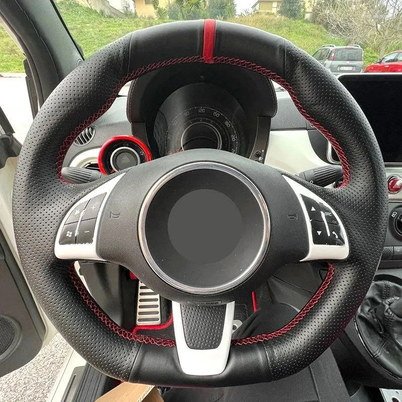 Чехлы на руль для Fiat 500 500C 2013-2024 Abarth 595 595C 2009-2024 автомобильный чехол черная кожа красная полоска