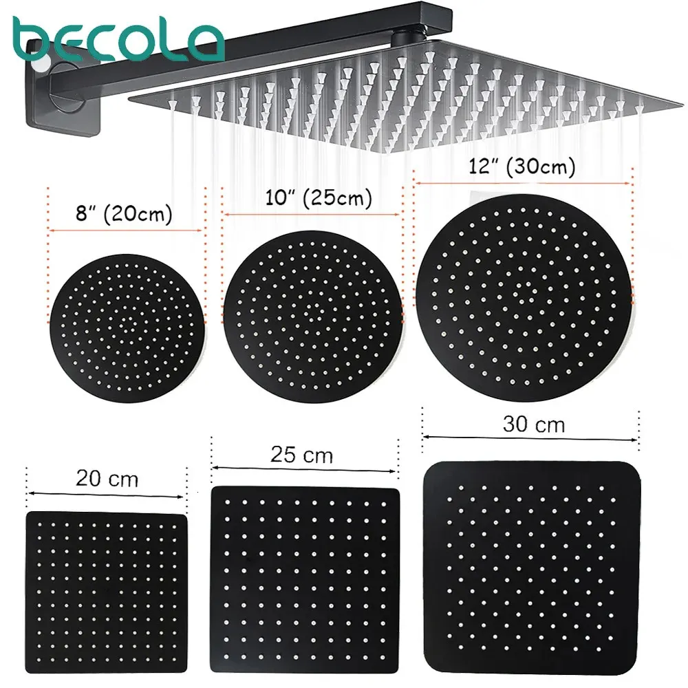 Cabezal de ducha de lluvia ultrafino de 2 mm para baño negro de acero inoxidable, cabezal de ducha de lluvia redondo cuadrado de techo de pared de 81012 pulgadas 240122