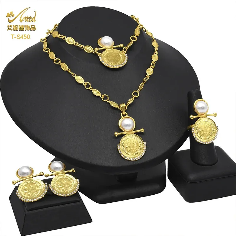 ANIID Coin Dubai Juegos de joyas de color dorado para mujer Collar de perlas nupciales Pulseras Pendientes Anillo 4 piezas Conjunto de colección de bodas 240123