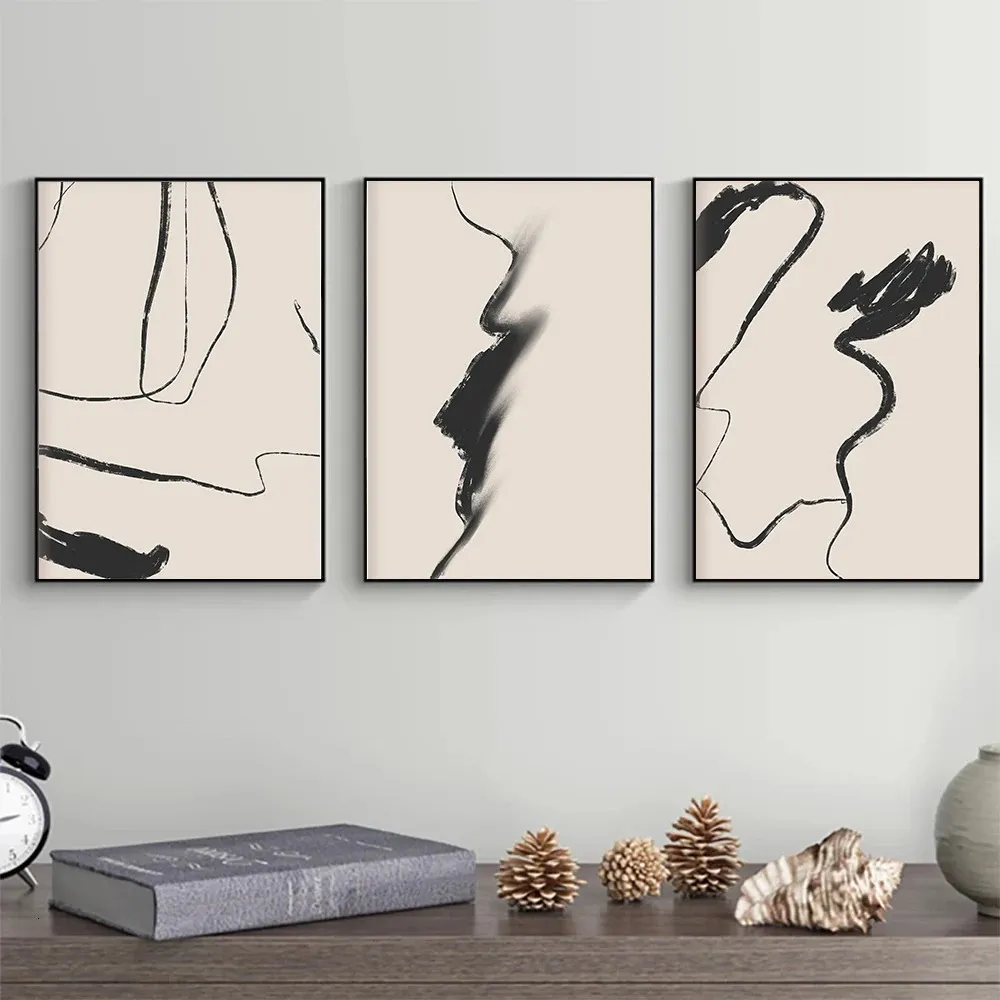 Abstract Poster Minimalist Canvas Beige And Black Line Drawing Modern Painting Art Print Wall Picture For Living Room Home Decor 240129