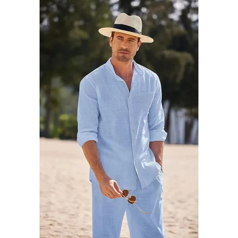 Sky Blue White and Black Sports Suit Mens Beach Casual Linen Löst långärmad skjorta Mens arbetskläder Tvådelar Set Mens Set 240205