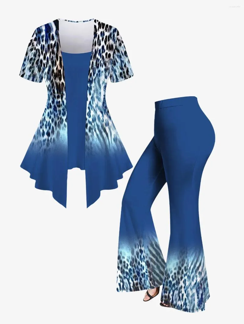 Zweiteilige Damenhose mit Leopardenmuster, 2-in-1-T-Shirt oder Schlag-Outfit in Übergröße, Sommer-Streetwear, lässiges passendes Set, Oberteil, Unterteil, XS-6X