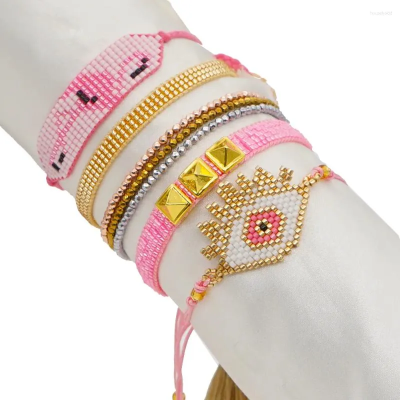 Link Bracelets Simple Fashion Lucky Eye Ethnic Style Miyuki Rice Beads Hand-woven Flamingo Beaded Bracelet Women