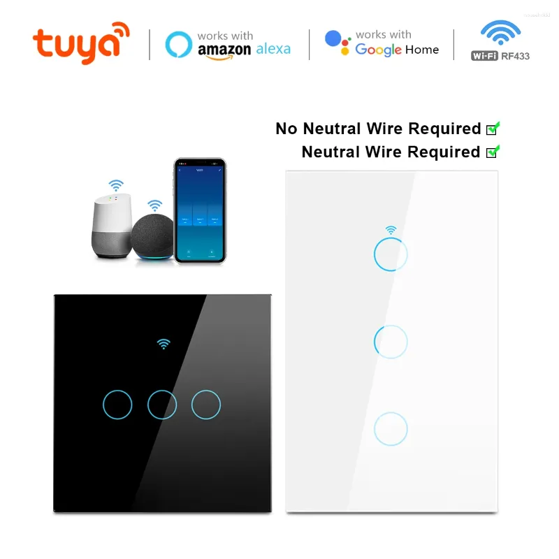 Smart Home Control Touch Switch 3 2 1 Gang Way Tuya Life WiFi Wireless Remote Wall 220V 110V Neutral eller ingen tråd