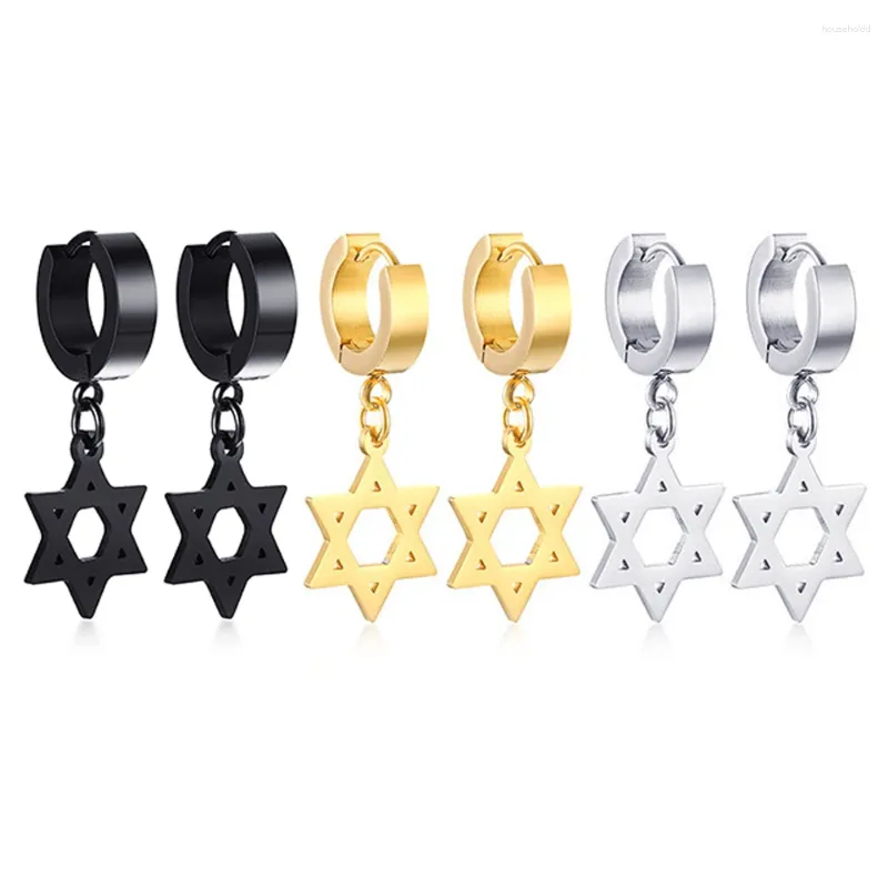 Boucles d'oreilles pendantes FIREBROS 2024 Or Noir Argent Couleur Acier inoxydable David Star Hoop Boucle d'oreille Hommes Femmes Israël Bijoux religieux