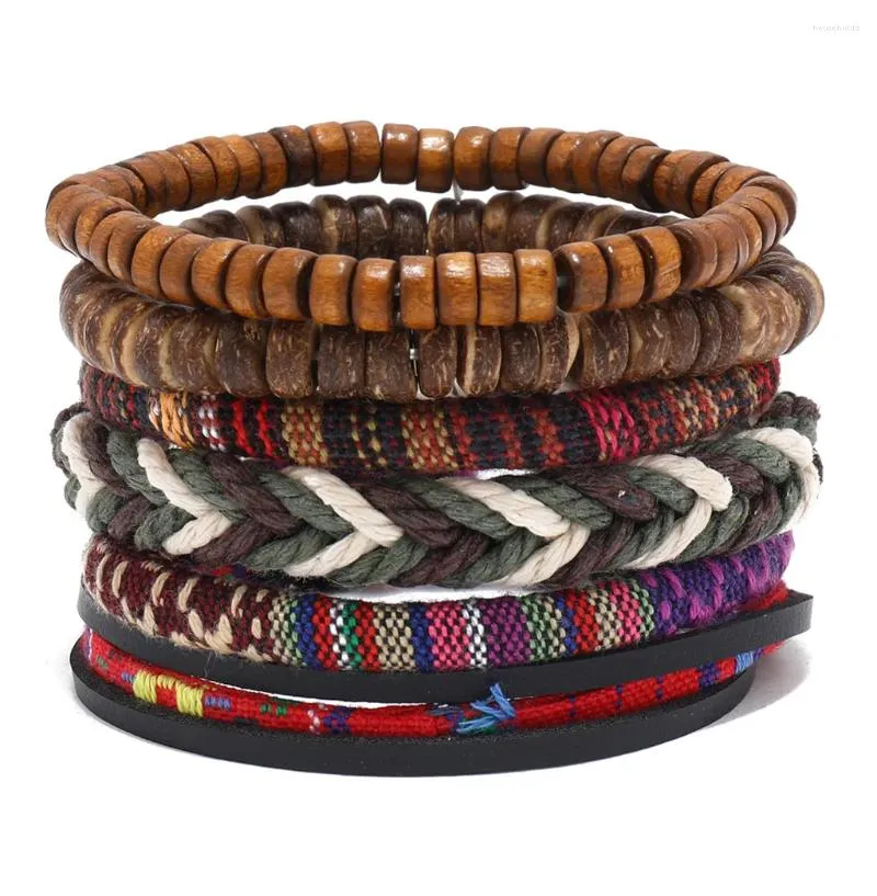 Charm Armbanden 4 stks/set Gevlochten Wrap Leer Voor Mannen Vintage Levensboom Roer Houten Kralen Etnische Tribal Polsband Touw Armband