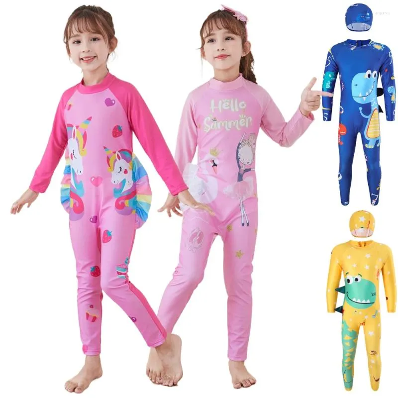 Women's Swimwear Boys Girls Cartoon Swimsuit Cap Set One Piece Kids Bathing Suit Sport Swimming Bodysuit Cute Beachwear Sunscreen