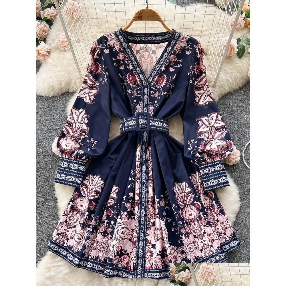 Vestidos casuais básicos 2023 moda paisley flor vestido mulheres v pescoço longo lanterna manga floral impressão botões para baixo faixas curtas mi otkyz