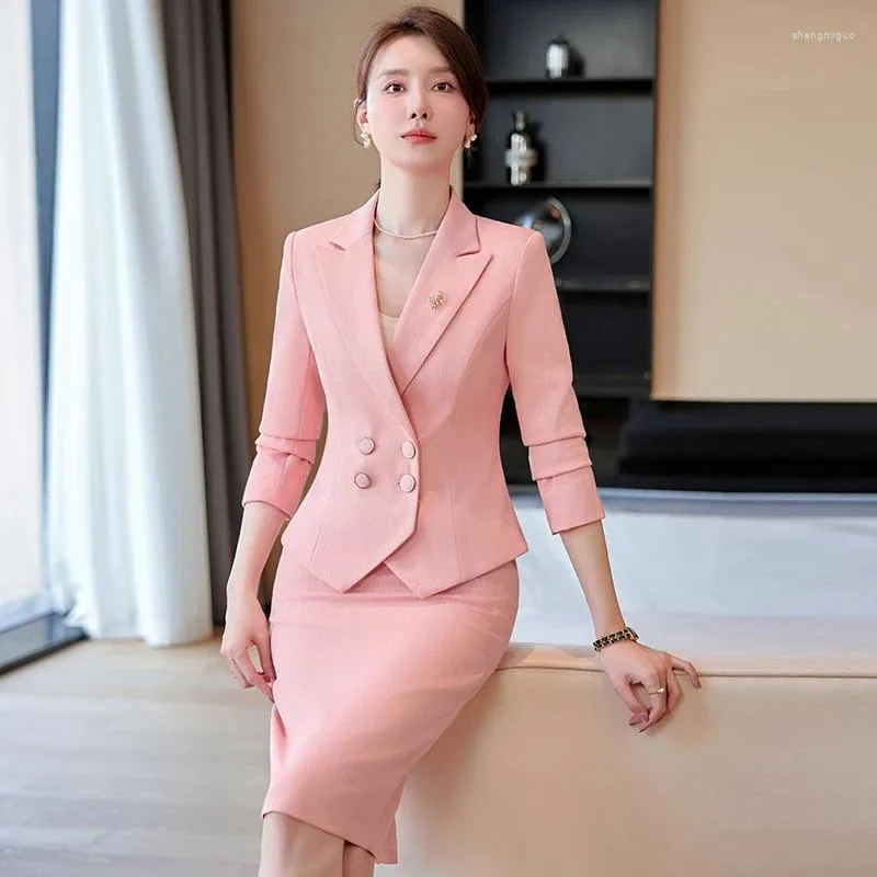 Zweiteiliges Kleid 2024 Frühling Herbst Mode Rosa Blazer Frauen Rock Anzüge Büro Uniform Jacke Damen Arbeit Sear Set OL Stile