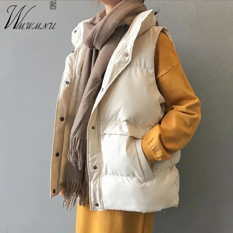Casual Loose Down Cotton Vests Women Winter Parkas Warm Padded 80kg Oversize Waistcoat Fashion Stand Collar Sleeveless Coat 240125
