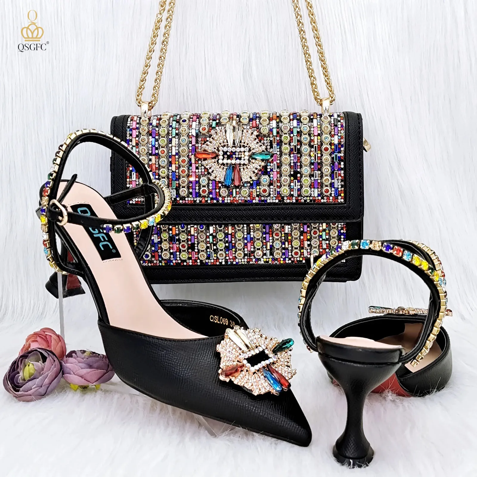 QSGFC Womens 96 High Quality Pumps And Bag Coloful Of Rhinestones In High-Grade Materials For A Nigerian Wedding 240125 -Grade