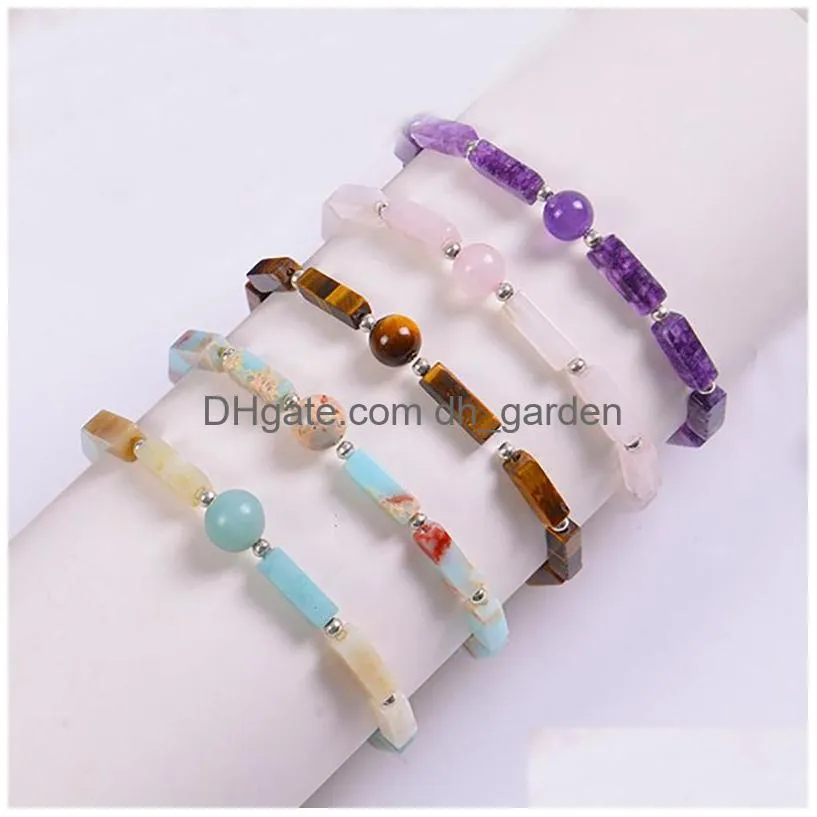 Charm Bracelets Natural Amethyst Bracelet Long Square Gemstones Healing Crystal Stretch Beaded Gem Stone Unisex Drop Delivery Jewelry Dhf90