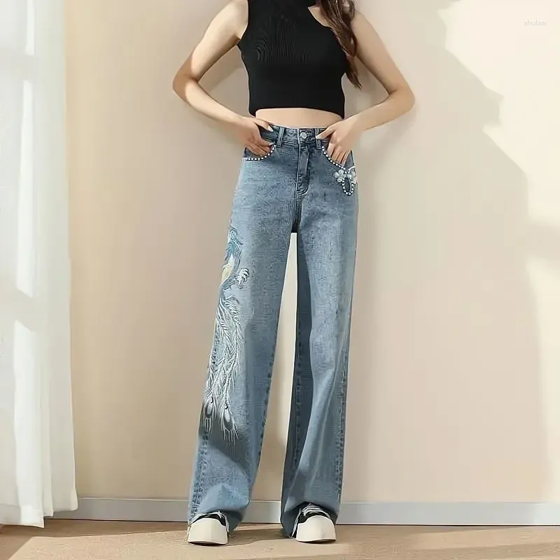 Jeans Femme Pantalon Bleu Pantalon Taille Haute S Pantalon Pour Femme Avec Poches Femme Jambe Droite Brodé Streetwear Hippie Stretch