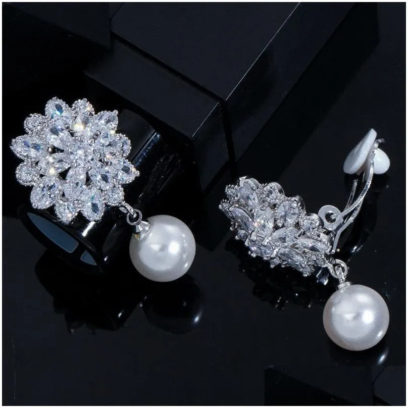 luxury clip on screw back flower earring designer for woman aaa cubic zirconia diamond silver bridal wedding dangle earrings jewelry elegant female